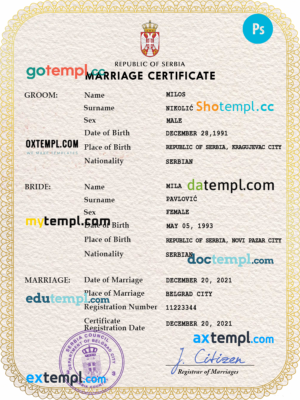 editable template, Serbia marriage certificate PSD template, fully editable