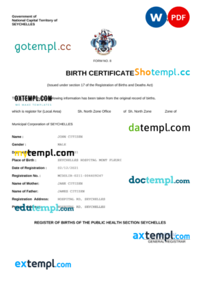 editable template, Seychelles vital record birth certificate Word and PDF template, completely editable