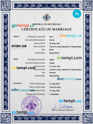 editable template, Seychelles marriage certificate PSD template, completely editable