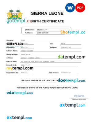 editable template, Sierra Leone birth certificate Word and PDF template, completely editable