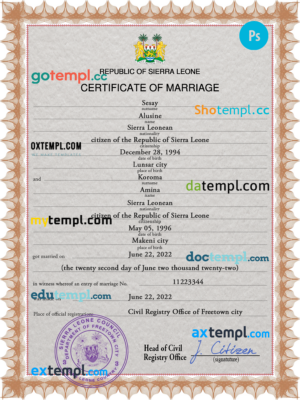 editable template, Sierra Leone marriage certificate PSD template, fully editable