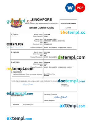 editable template, Singapore vital record birth certificate Word and PDF template, completely editable