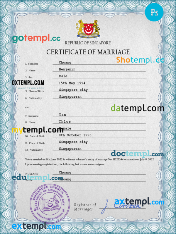 editable template, Singapore marriage certificate PSD template, completely editable