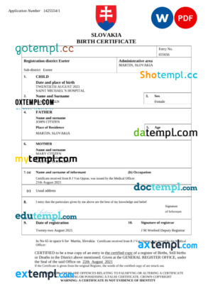 editable template, Slovakia birth certificate Word and PDF template, completely editable