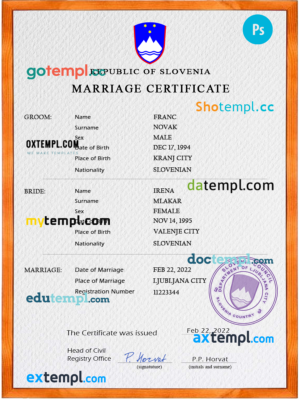 editable template, Slovenia marriage certificate PSD template, completely editable