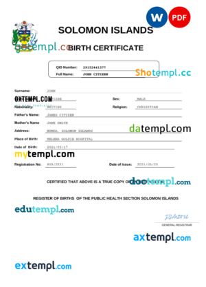 editable template, Solomon Islands vital record birth certificate Word and PDF template, completely editable