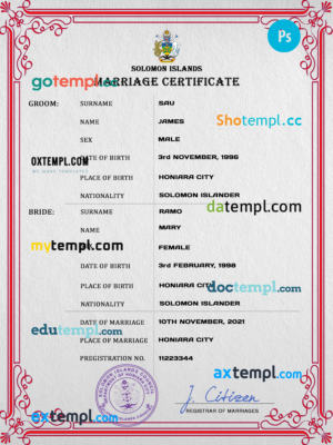 editable template, Solomon Islands marriage certificate PSD template, completely editable