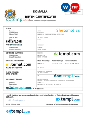 editable template, Somalia birth certificate Word and PDF template, completely editable