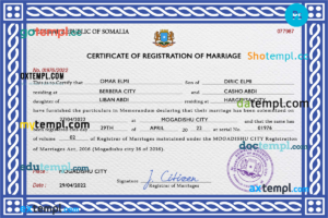 editable template, Somalia marriage certificate PSD template, fully editable