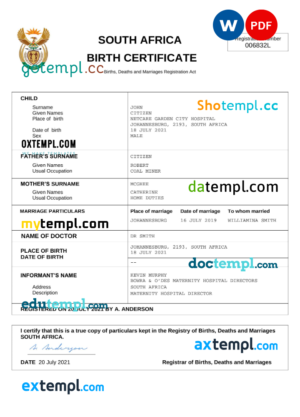 editable template, South Africa vital record birth certificate Word and PDF template, completely editable