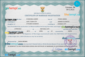 editable template, South Africa marriage certificate PSD template, completely editable