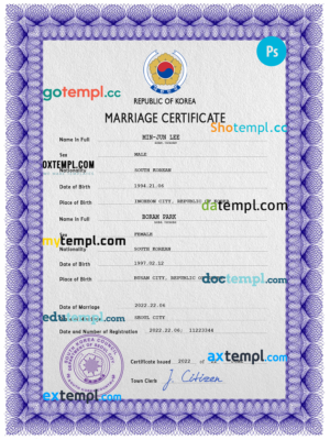 editable template, South Korea marriage certificate PSD template, fully editable