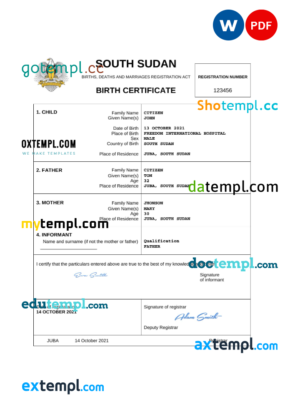 editable template, South Sudan vital record birth certificate Word and PDF template, completely editable