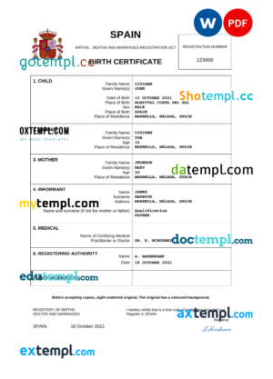 editable template, Spain birth certificate Word and PDF template, completely editable