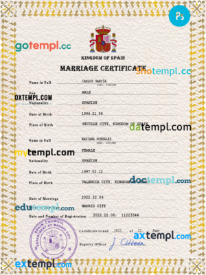 editable template, Spain marriage certificate PSD template, fully editable