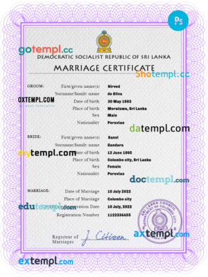 editable template, Sri Lanka marriage certificate PSD template, completely editable