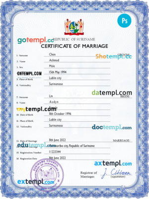 editable template, Suriname marriage certificate PSD template, completely editable
