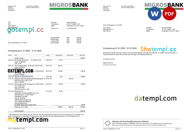 editable template, Switzerland Migrosbank bank statement, Word and PDF template, 2 pages