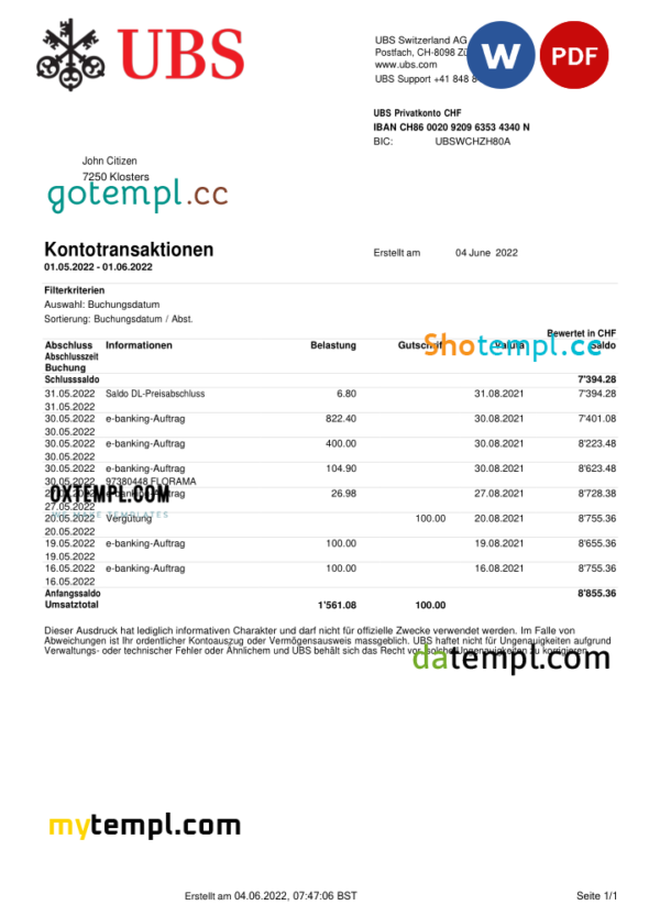 editable template, Switzerland UBS bank statement, Word and PDF template