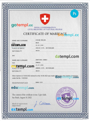 editable template, Switzerland marriage certificate PSD template, completely editable
