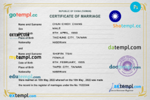 editable template, Taiwan marriage certificate PSD template, fully editable