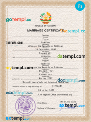 editable template, Tajikistan marriage certificate PSD template, completely editable