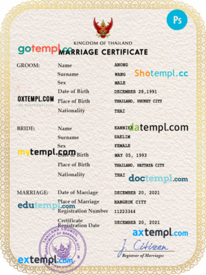 editable template, Thailand marriage certificate PSD template, completely editable
