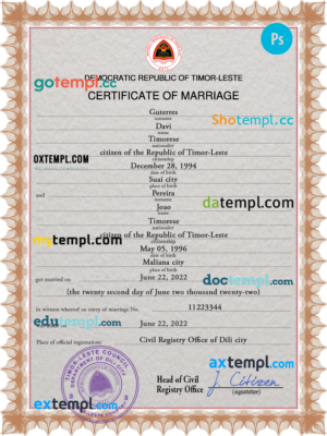 editable template, Timor-Leste marriage certificate PSD template, fully editable