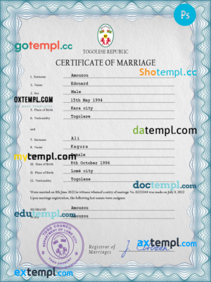 editable template, Togo marriage certificate PSD template, completely editable