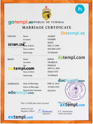 editable template, Tunisia marriage certificate PSD template, completely editable