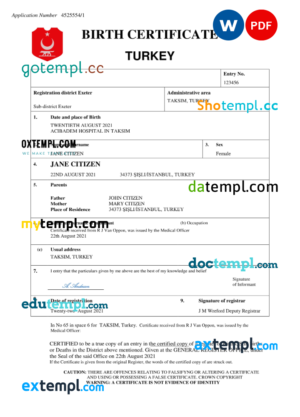 editable template, Turkey birth certificate Word and PDF template, completely editable