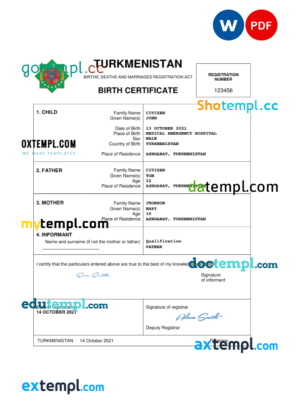 editable template, Turkmenistan vital record birth certificate Word and PDF template, completely editable