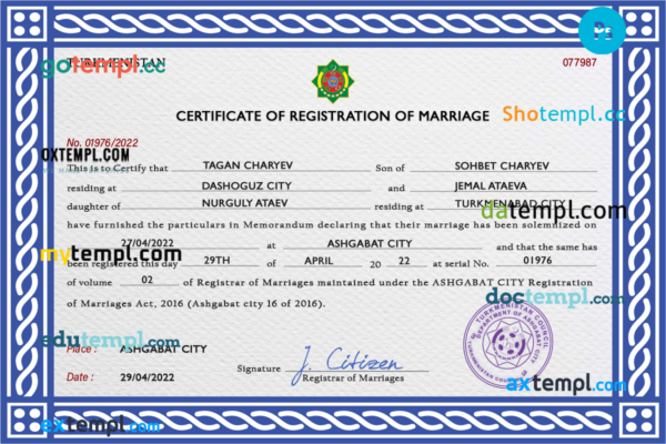 editable template, Turkmenistan marriage certificate PSD template, completely editable
