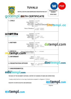 editable template, Tuvalu birth certificate Word and PDF template, completely editable