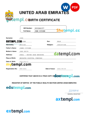 editable template, United Arab Emirates vital record birth certificate Word and PDF template, completely editable