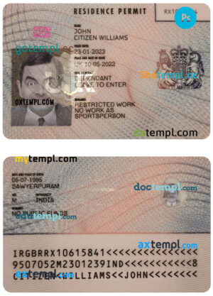 editable template, United Kingdom residence permit PSD template