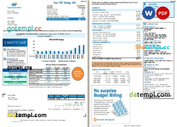 editable template, USA Arizona Tucson Electric Power (TEP) utility bill, Word and PDF template, 2 pages