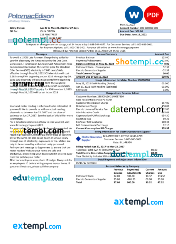 editable template, USA Maryland Potomac Edison utility bill, Word and PDF template, 2 pages