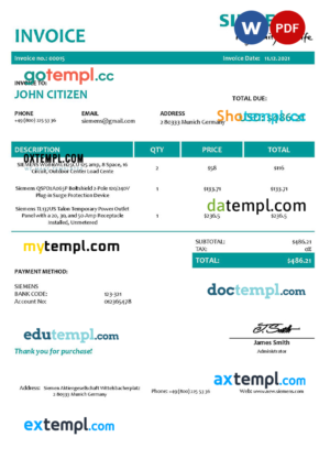 editable template, USA Siemens invoice template in Word and PDF format, fully editable