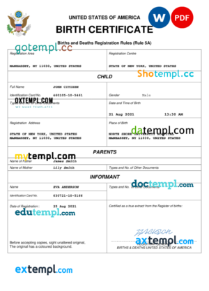 editable template, USA birth certificate Word and PDF template, completely editable