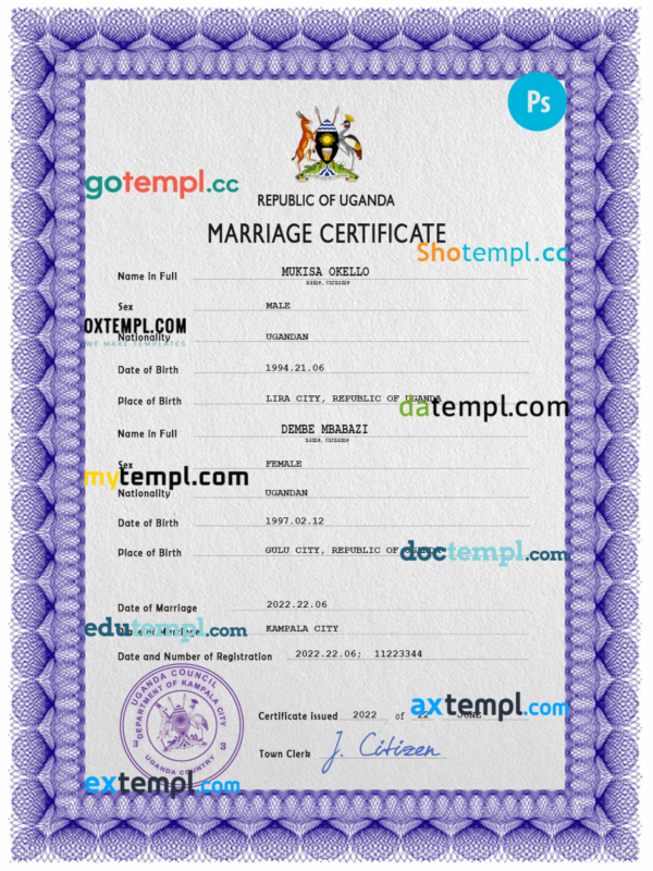 editable template, Uganda marriage certificate PSD template, completely editable