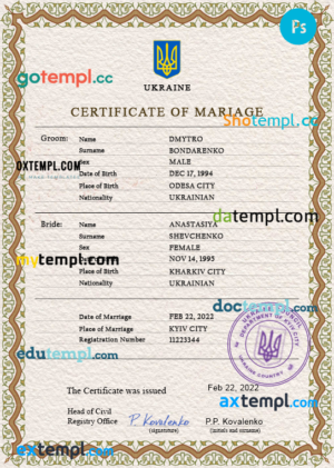 editable template, Ukraine marriage certificate PSD template, fully editable