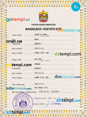 editable template, United Arab Emirates marriage certificate PSD template, completely editable