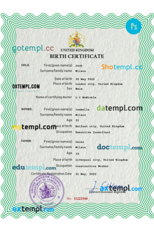 editable template, United Kingdom birth certificate PSD template, completely editable