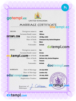 editable template, United Kingdom marriage certificate PSD template, fully editable