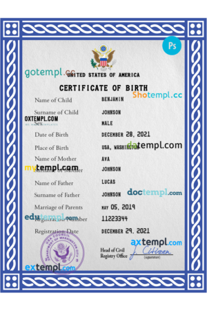 editable template, United States of America vital record birth certificate PSD template, fully editable