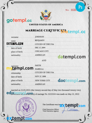 editable template, United States of America marriage certificate PSD template, completely editable