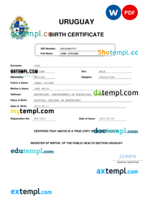 editable template, Uruguay vital record birth certificate Word and PDF template, completely editable