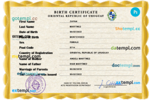 editable template, Uruguay vital record birth certificate PSD template