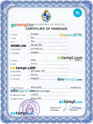 editable template, Uruguay marriage certificate PSD template, fully editable